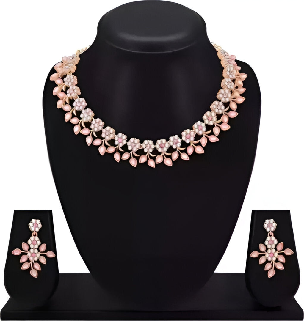 Rose Gold Plated Necklace set with Peach color Kundan
